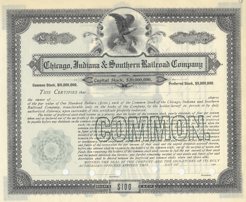 Chicago Indiana & Southern Railroad Company Stock Certificate