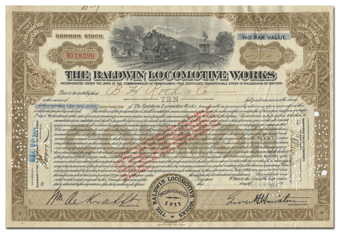 Baldwin Locomotive Works Stock Certificate