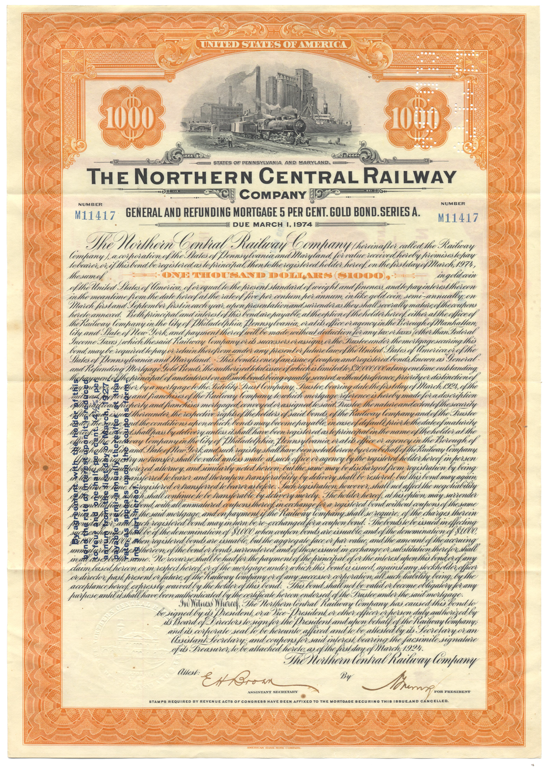 Northern Central Railway Company Bond Certificate