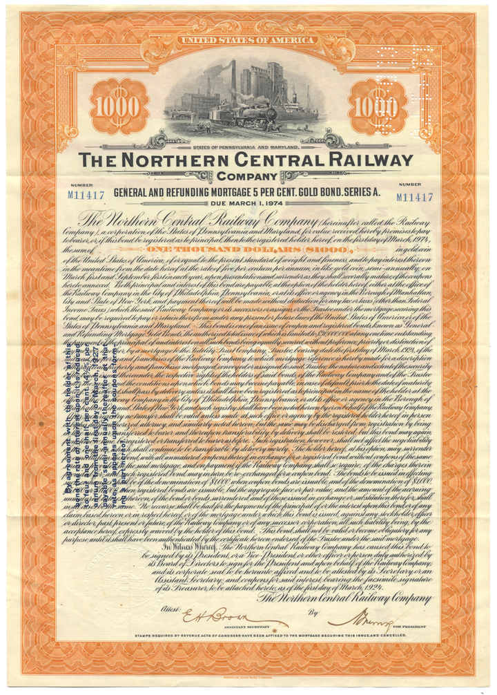 Northern Central Railway Company Bond Certificate