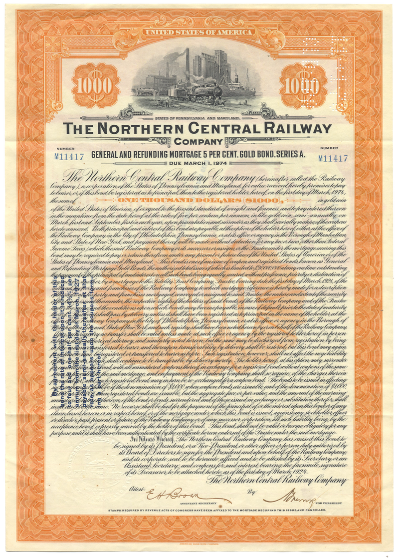 Northern Central Railway Company Bond Certificate