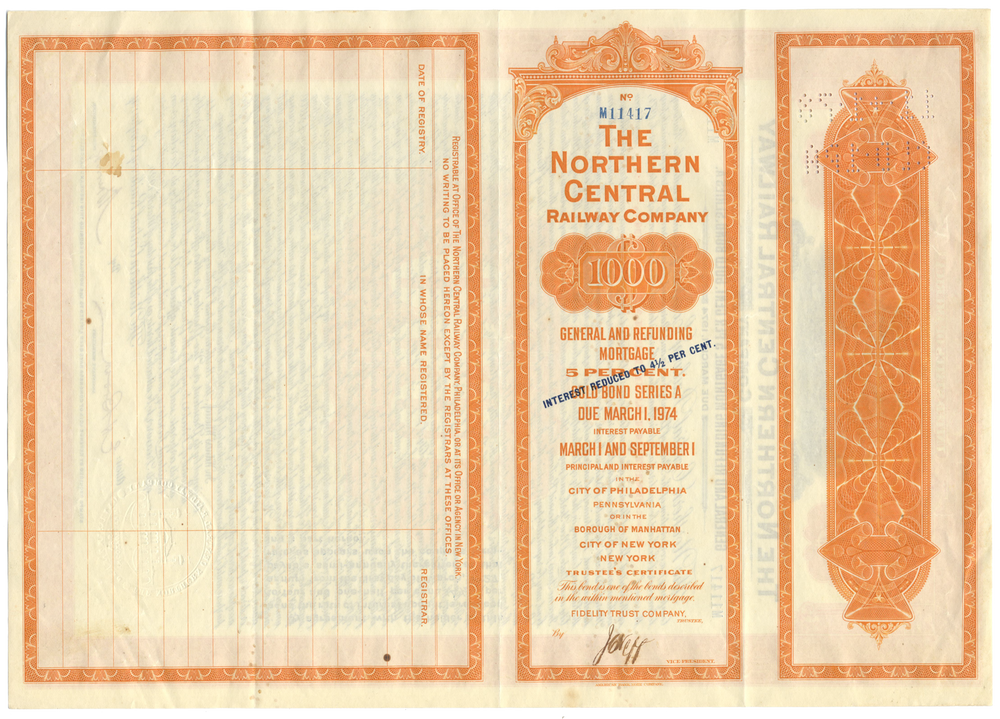 Northern Central Railway Company Bond Certificate