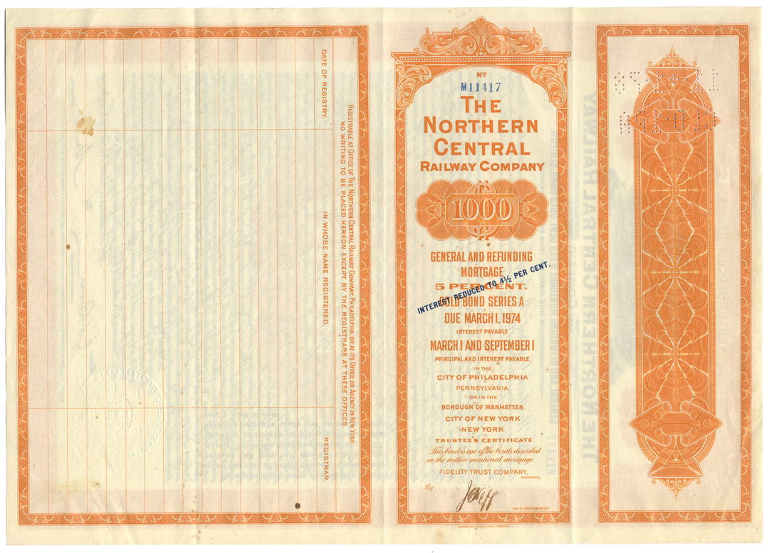 Northern Central Railway Company Bond Certificate