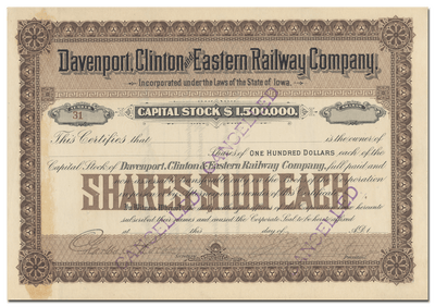 Davenport, Clinotn and Eastern Railway Company Stock Certificate