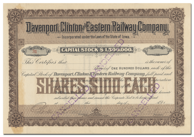 Davenport, Clinotn and Eastern Railway Company Stock Certificate