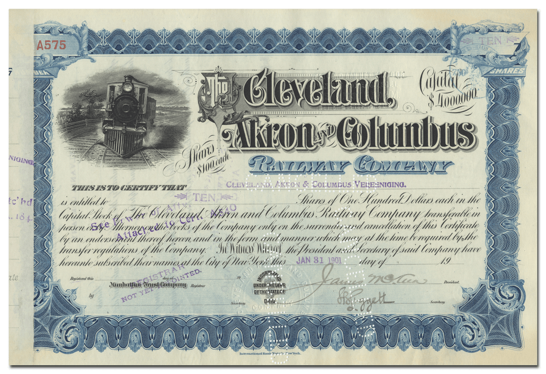 Cleveland, Akron and Columbus Railway Company Stock Certificate