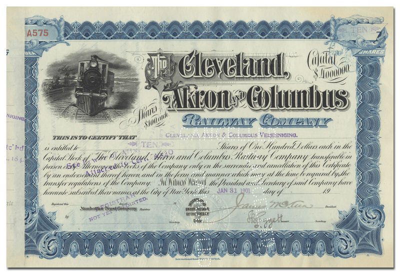 Cleveland, Akron and Columbus Railway Company Stock Certificate