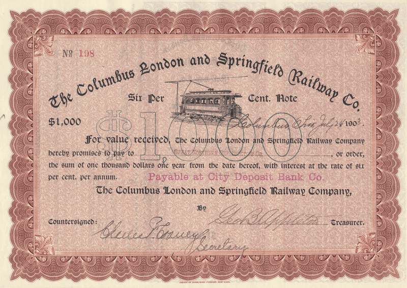 Columbus London and Springfield Railway Company Stock Certificate