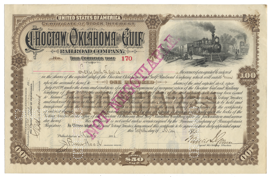 Choctaw, Oklahoma and Gulf Railroad Company Stock Certificate