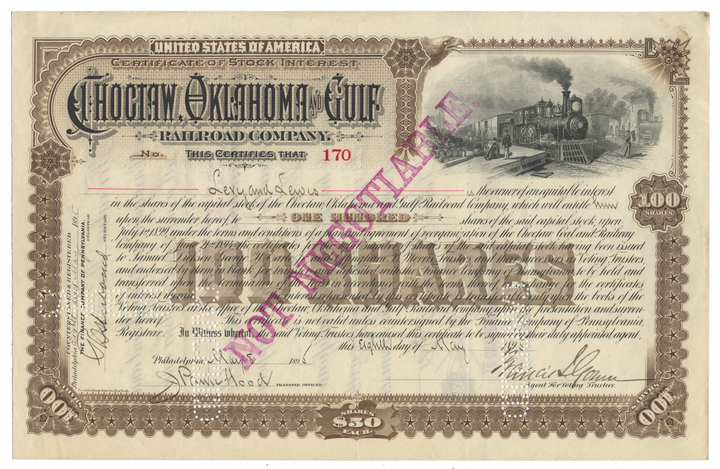 Choctaw, Oklahoma and Gulf Railroad Company Stock Certificate