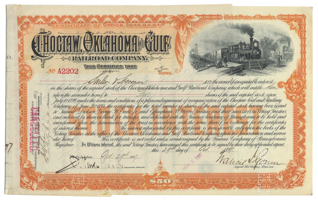 Choctaw, Oklahoma and Gulf Railroad Company Stock Certificate