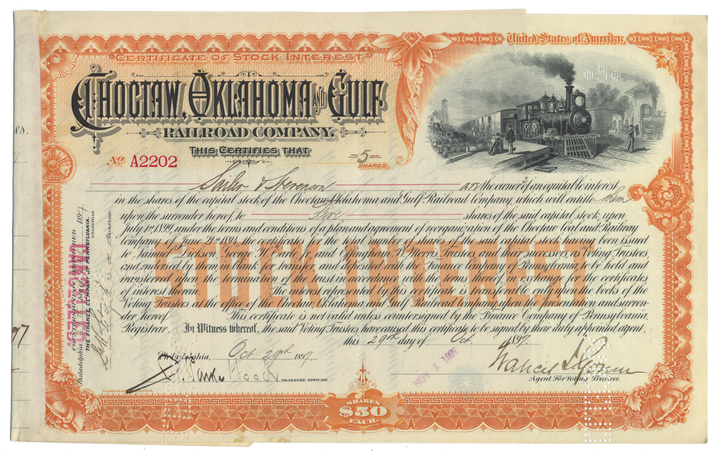 Choctaw, Oklahoma and Gulf Railroad Company Stock Certificate