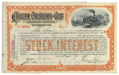Choctaw, Oklahoma and Gulf Railroad Company Stock Certificate