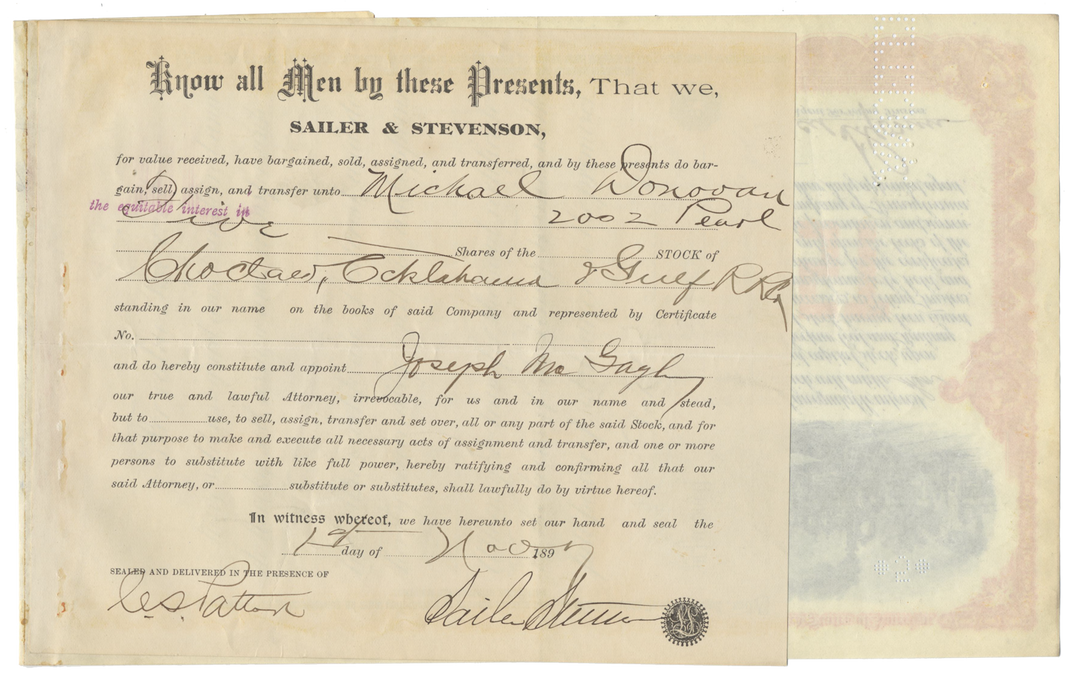 Choctaw, Oklahoma and Gulf Railroad Company Stock Certificate