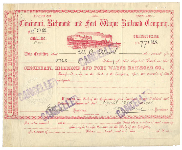 Cincinnati, Richmond and Fort Wayne Railroad Company Stock Certificate