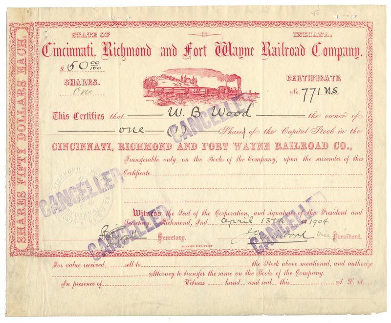 Cincinnati, Richmond and Fort Wayne Railroad Company Stock Certificate