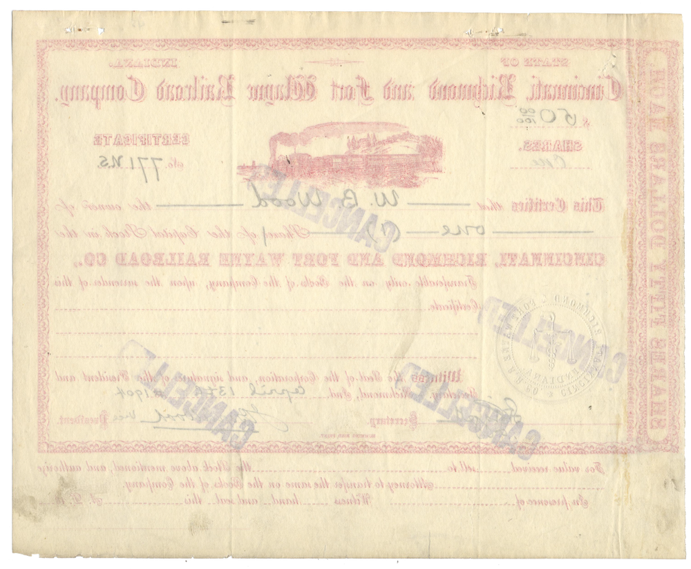 Cincinnati, Richmond and Fort Wayne Railroad Company Stock Certificate