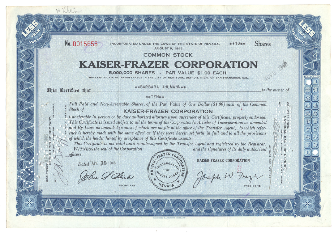 Kaiser-Frazer Corporation Stock Certificate