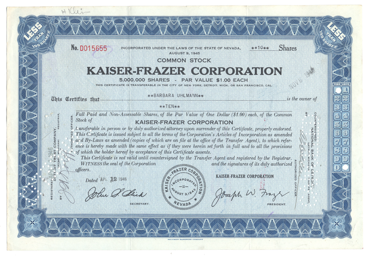 Kaiser-Frazer Corporation Stock Certificate