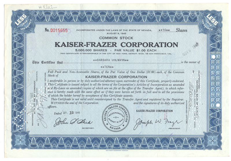 Kaiser-Frazer Corporation Stock Certificate