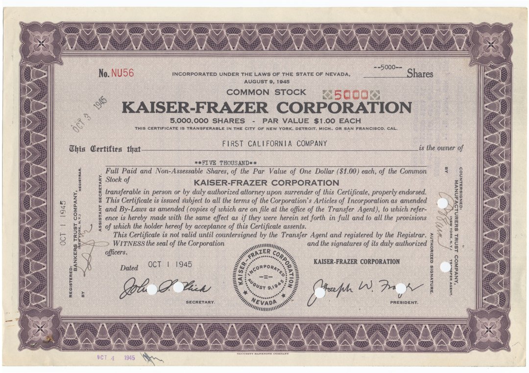 Kaiser-Frazer Corporation Stock Certificate