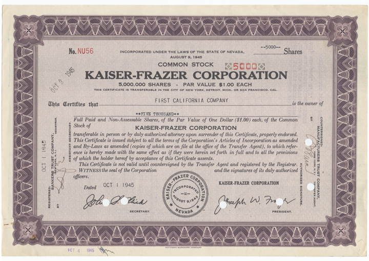 Kaiser-Frazer Corporation Stock Certificate