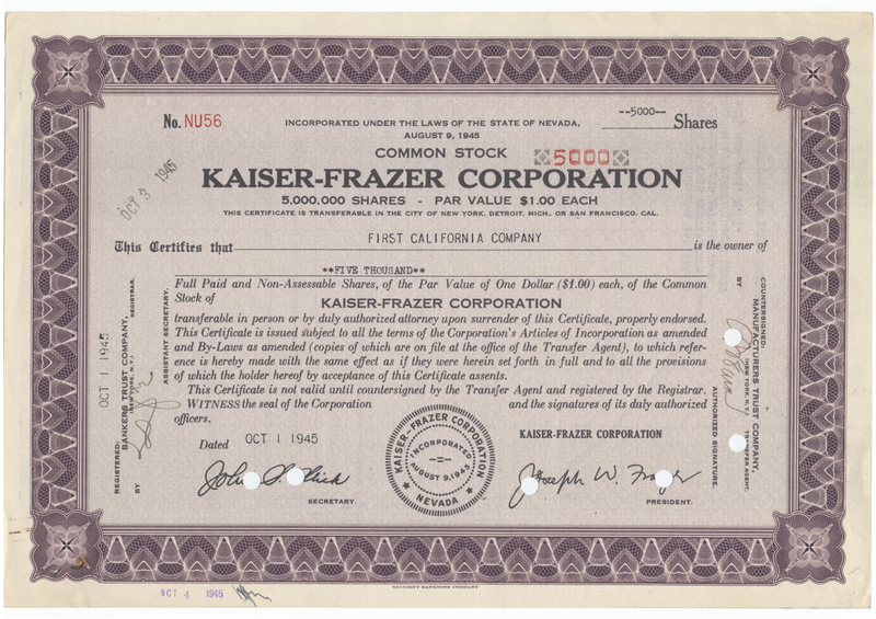 Kaiser-Frazer Corporation Stock Certificate