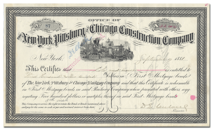 New York, Pittsburg and Chicago Construction Company Stock Certificate