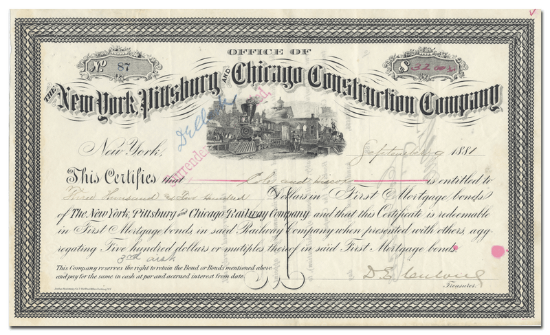 New York, Pittsburg and Chicago Construction Company Stock Certificate