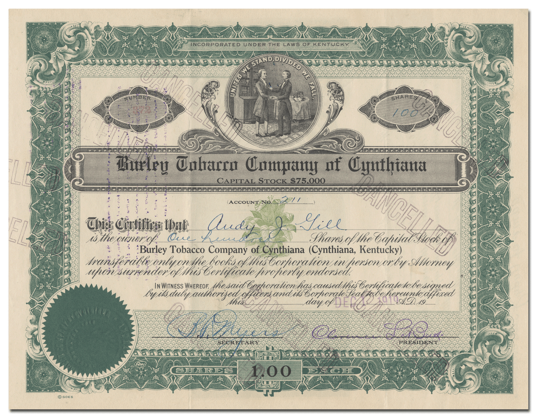 Burley Tobacco Company of Cynthiana Stock Certificate