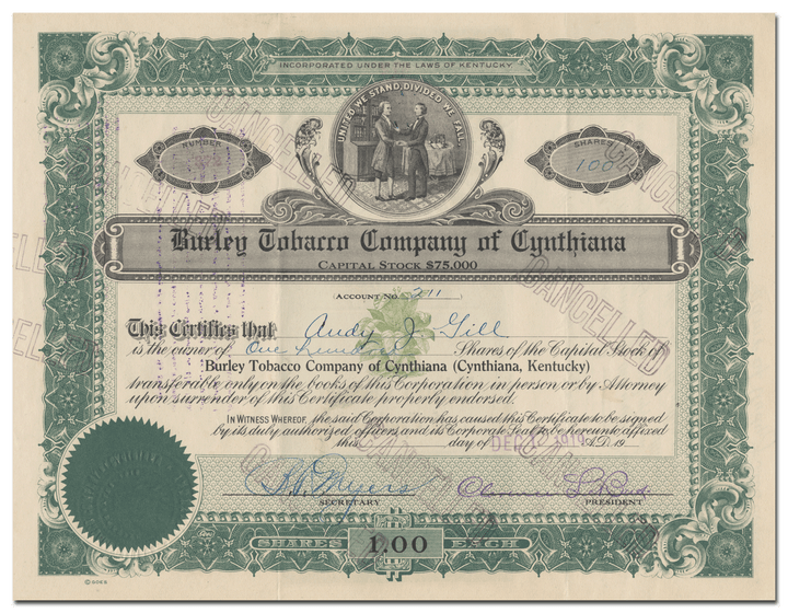 Burley Tobacco Company of Cynthiana Stock Certificate