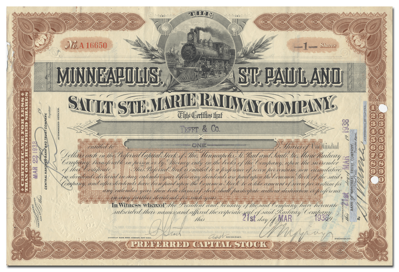 Minneapolis, St. Paul and Sault Ste. Marie Railway Company Stock Certificate