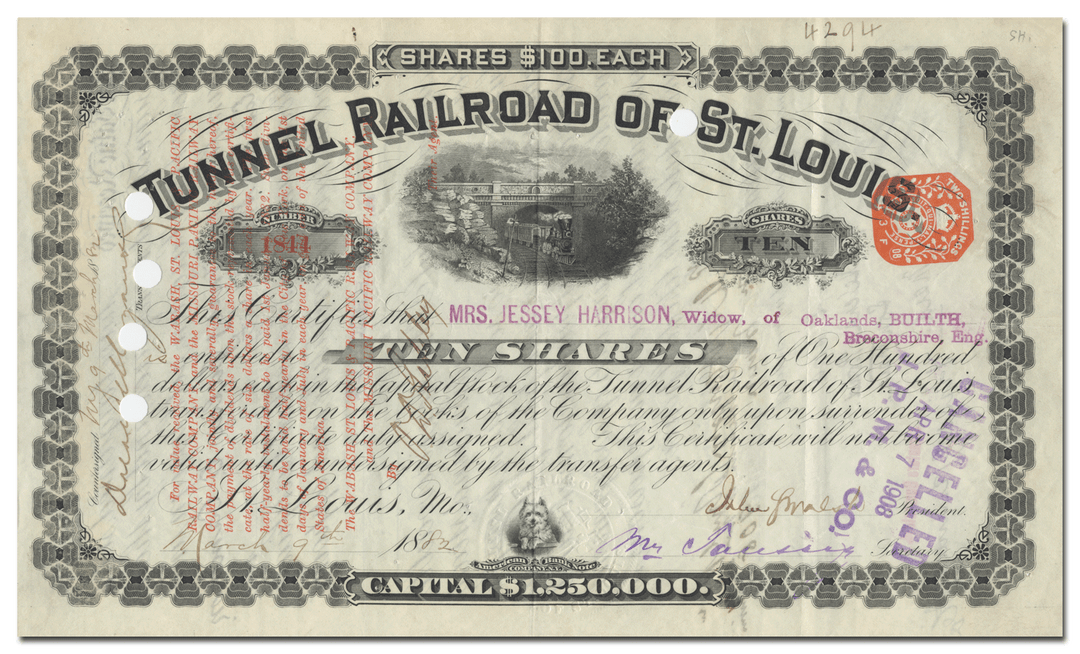 Tunnel Railroad of St. Louis Stock Certificate