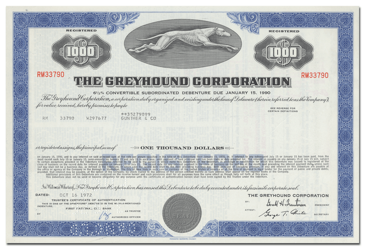 Greyhound Corporation Bond Certificate