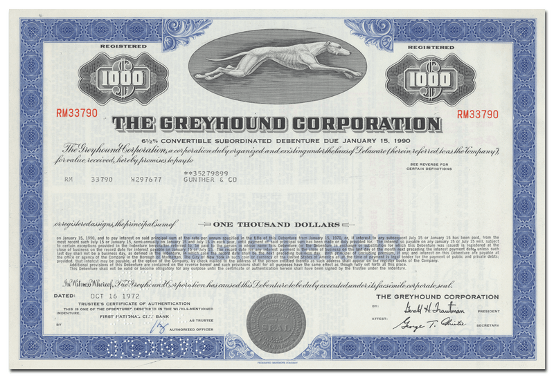Greyhound Corporation Bond Certificate