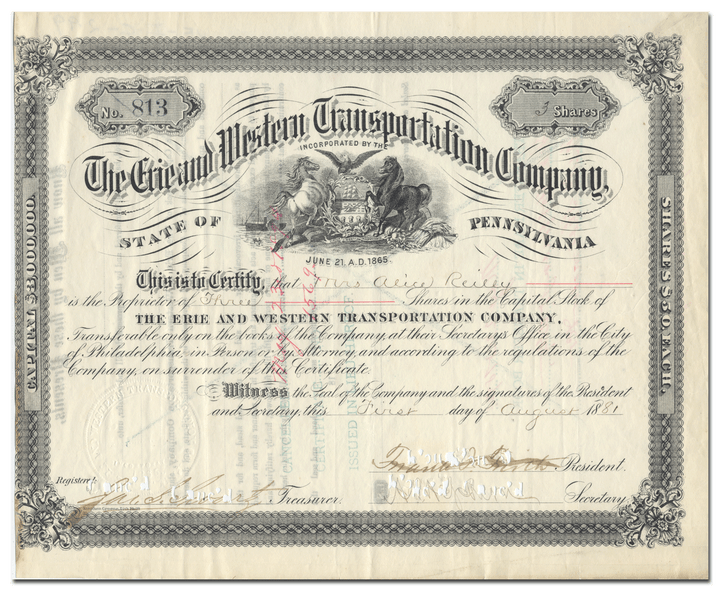 Erie and Western Transportation Company Stock Certificate