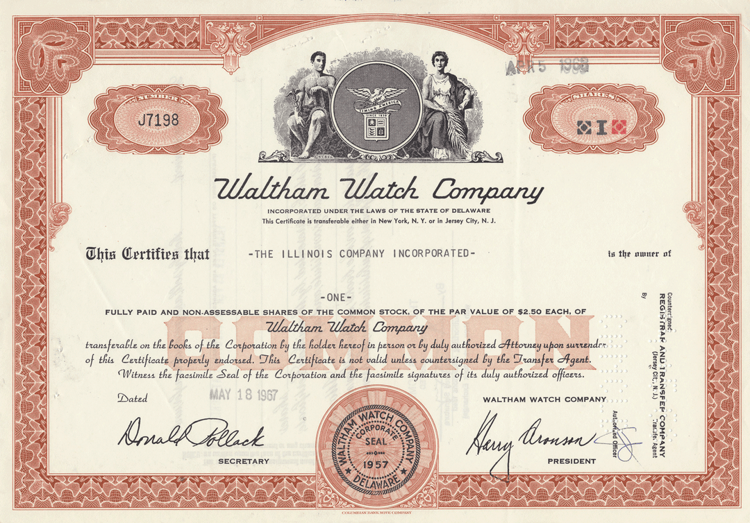 Waltham Watch Company Stock Certificate