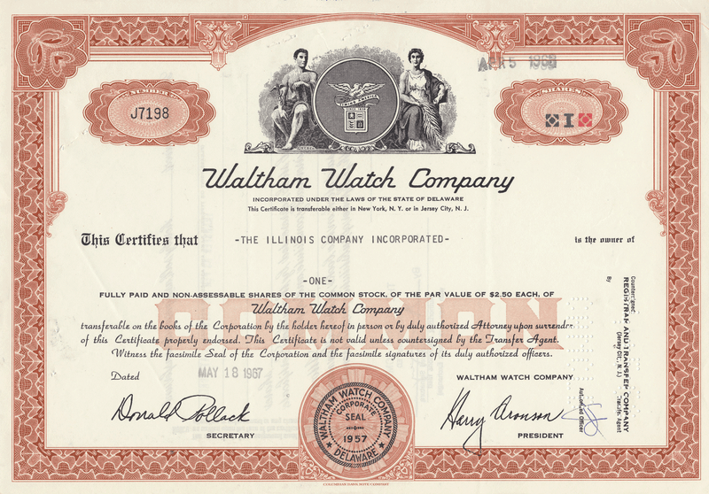 Waltham Watch Company Stock Certificate