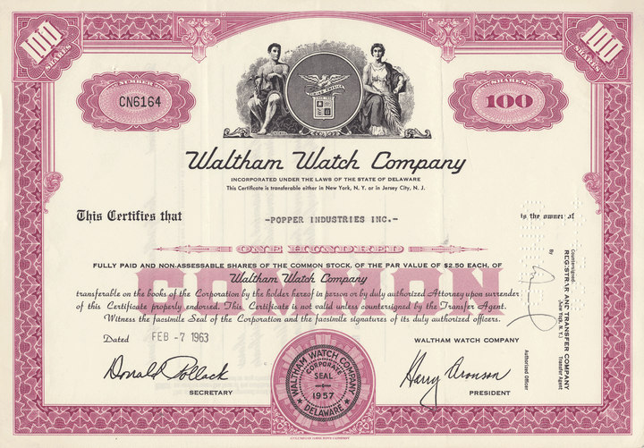 Waltham Watch Company Stock Certificate