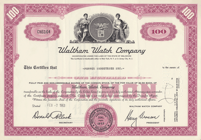 Waltham Watch Company Stock Certificate