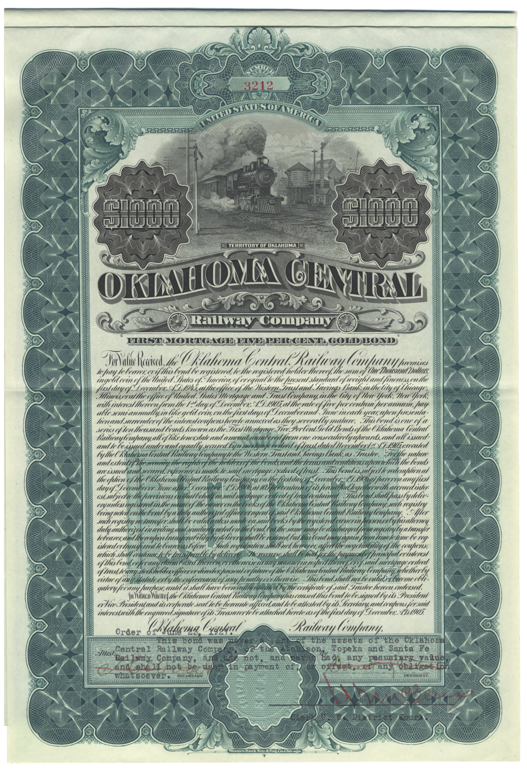 Oklahoma Central Railway Company Bond Certificate