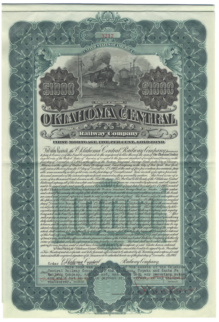 Oklahoma Central Railway Company Bond Certificate