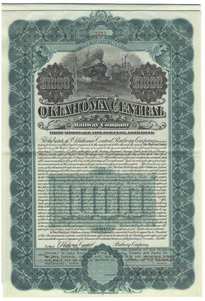 Oklahoma Central Railway Company Bond Certificate
