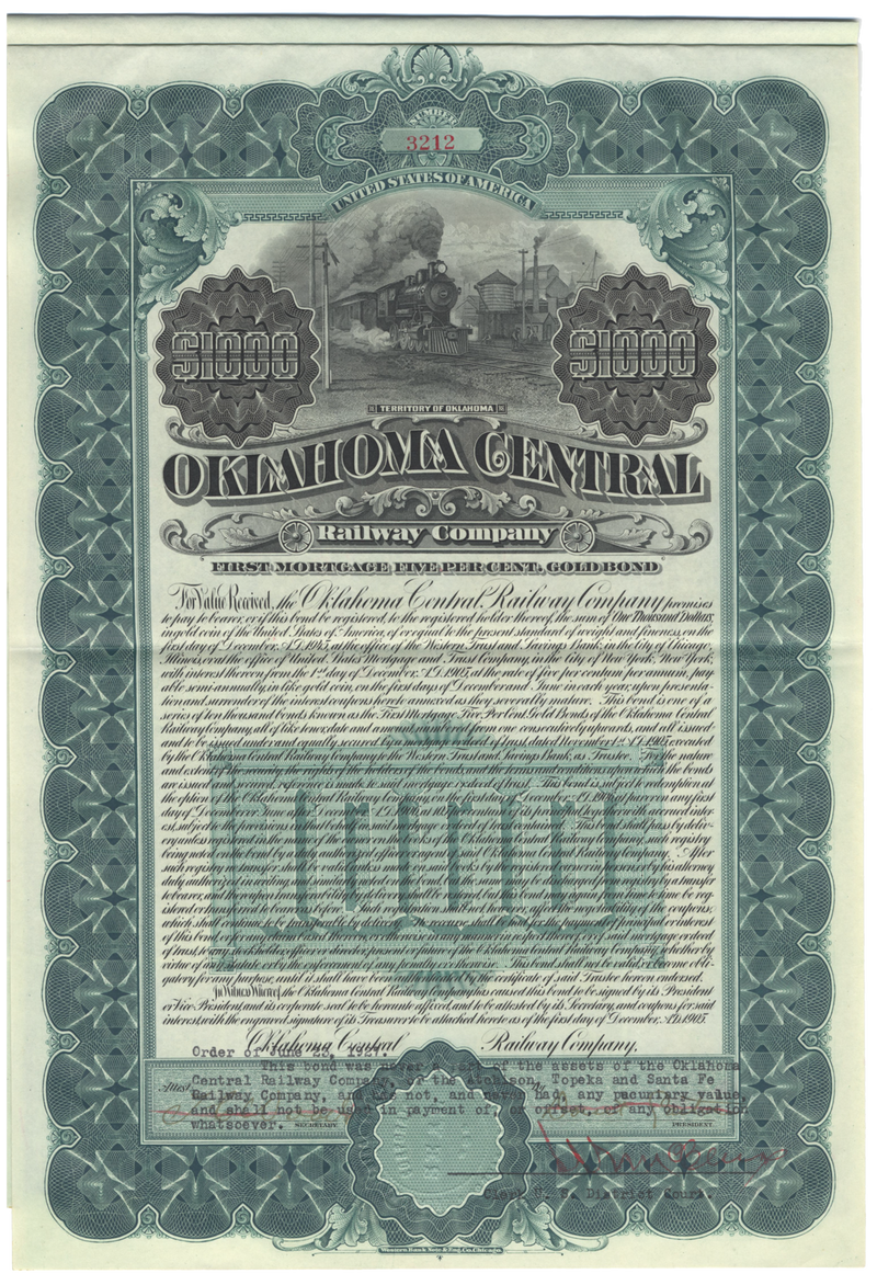 Oklahoma Central Railway Company Bond Certificate