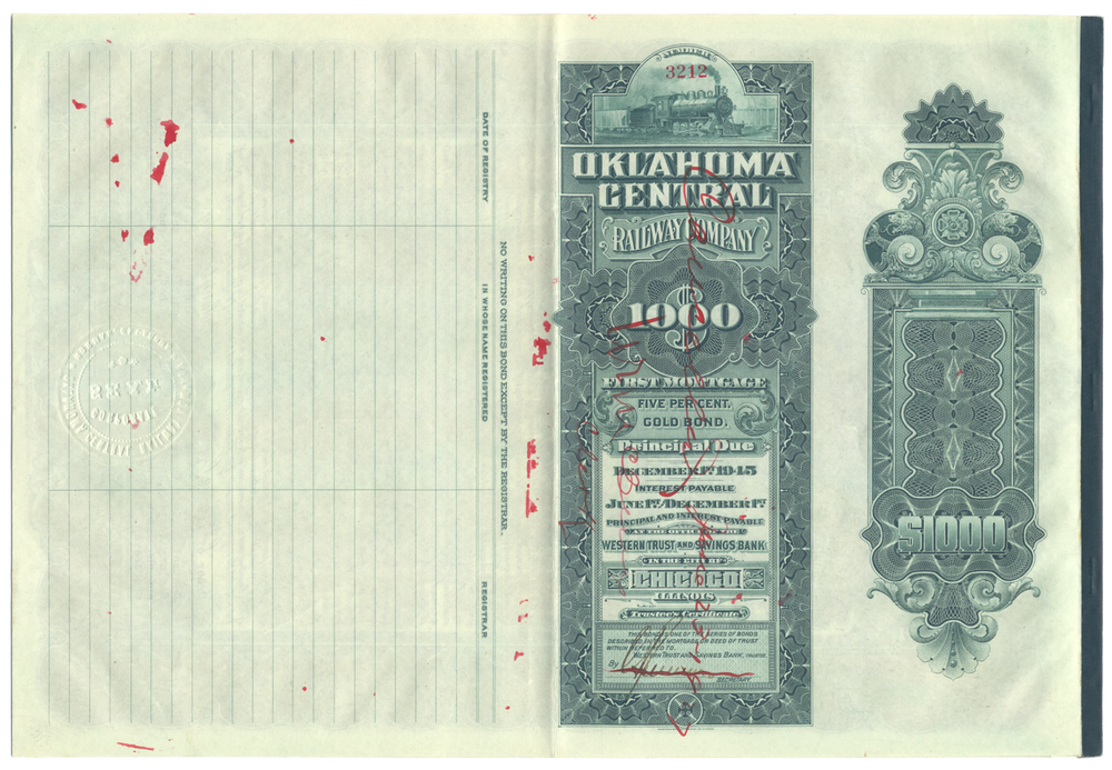 Oklahoma Central Railway Company Bond Certificate