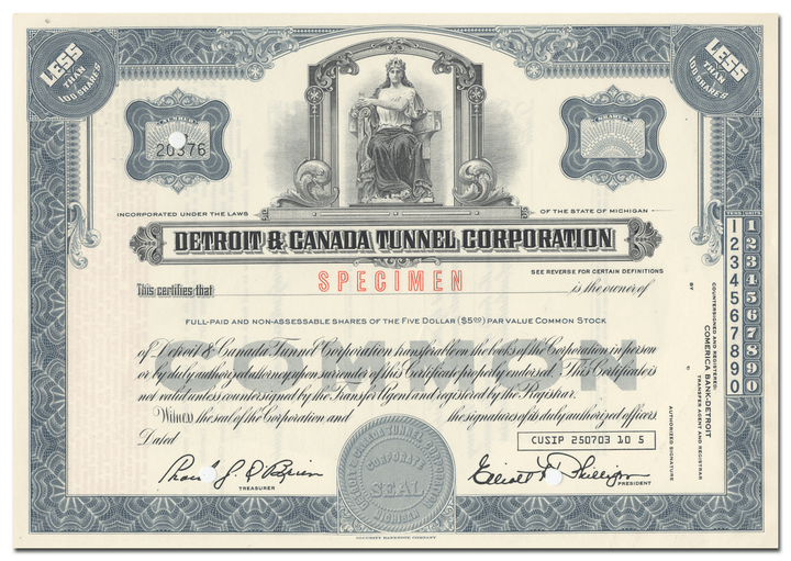 Detroit & Canada Tunnel Corporation Stock Certificate