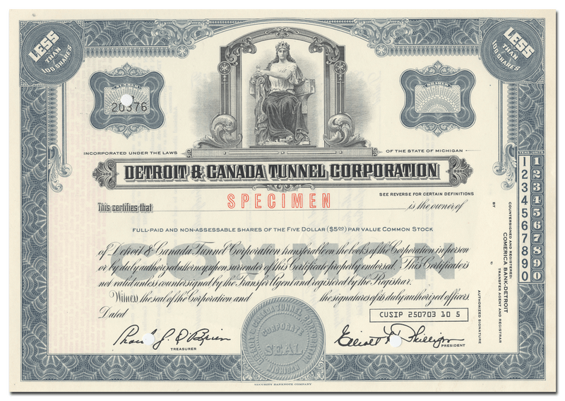 Detroit & Canada Tunnel Corporation Stock Certificate