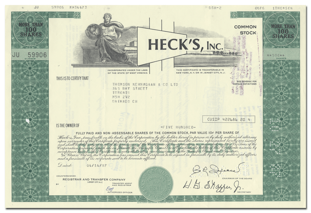 Heck's, Inc. Stock Certificate