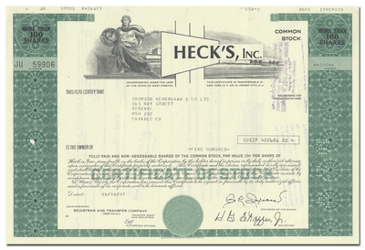 Heck's, Inc. Stock Certificate