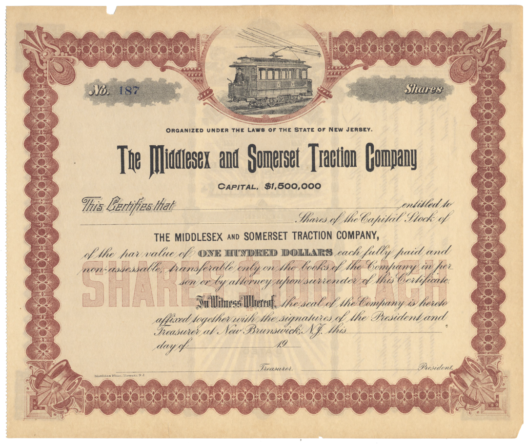 Middlesex and Somerset Traction Company Stock Certificate